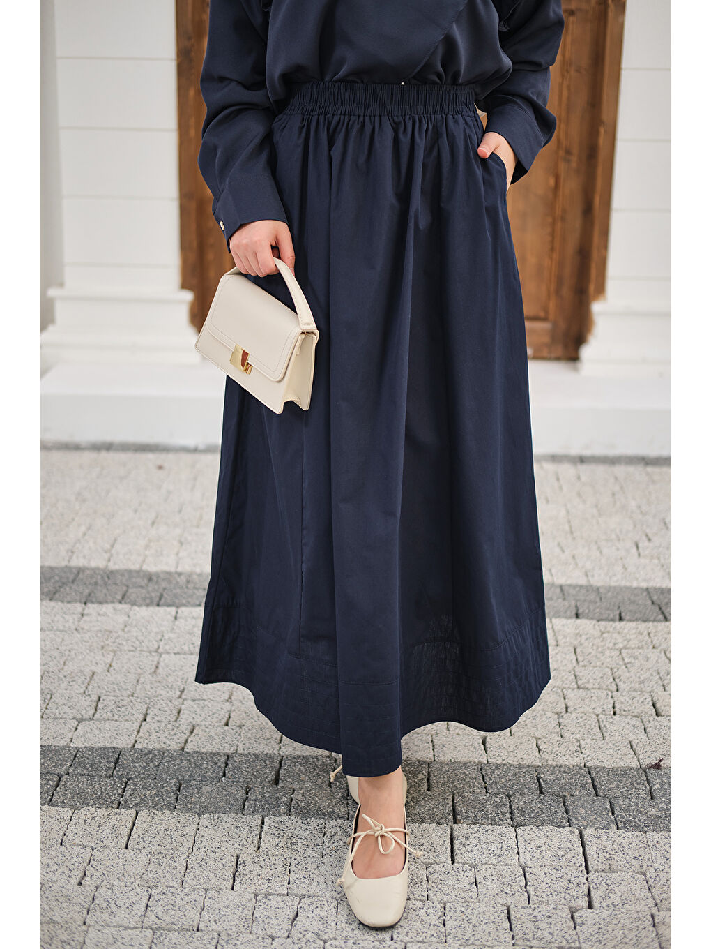 Kadın Beli Lastikli Kırışık Etek Lacivert-3