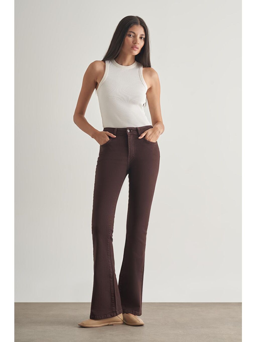 Skinny Fit Flare Paça Kahverengi Denim Pantolon