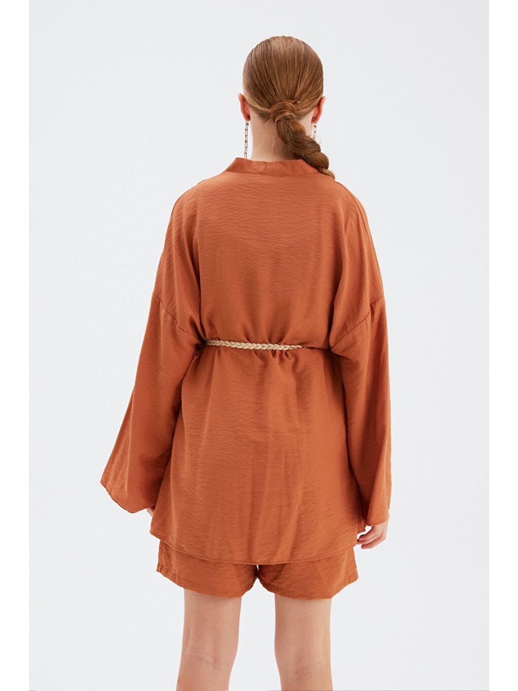 Kahverengi Kuşak Detaylı Salaş Kimono - Taba-6