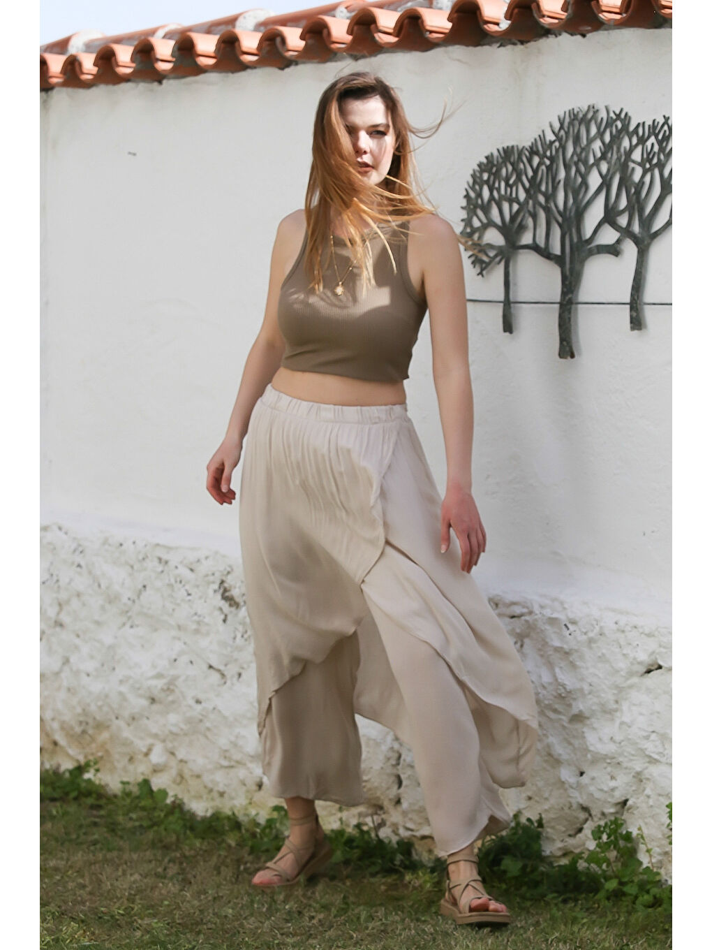 Bej İnce Çift Katlı Lastikli Bel Geniş Paça Casual Dokuma Pantolon 100 60