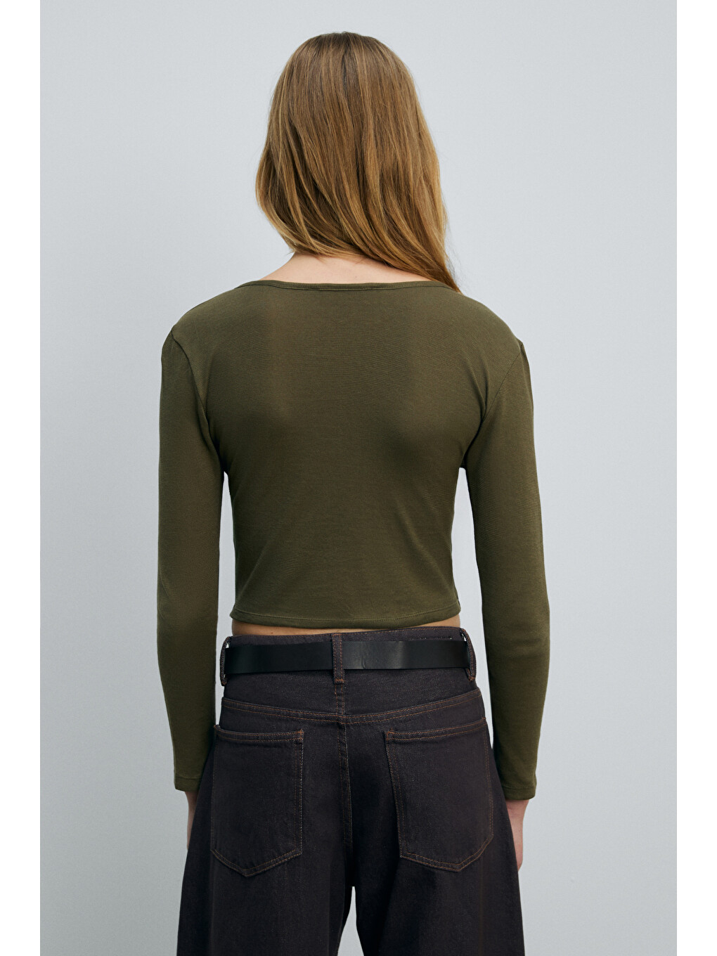 Callorıa Kadın V Yakalı Uzun Kollu Slim Fit Haki Bluz-4
