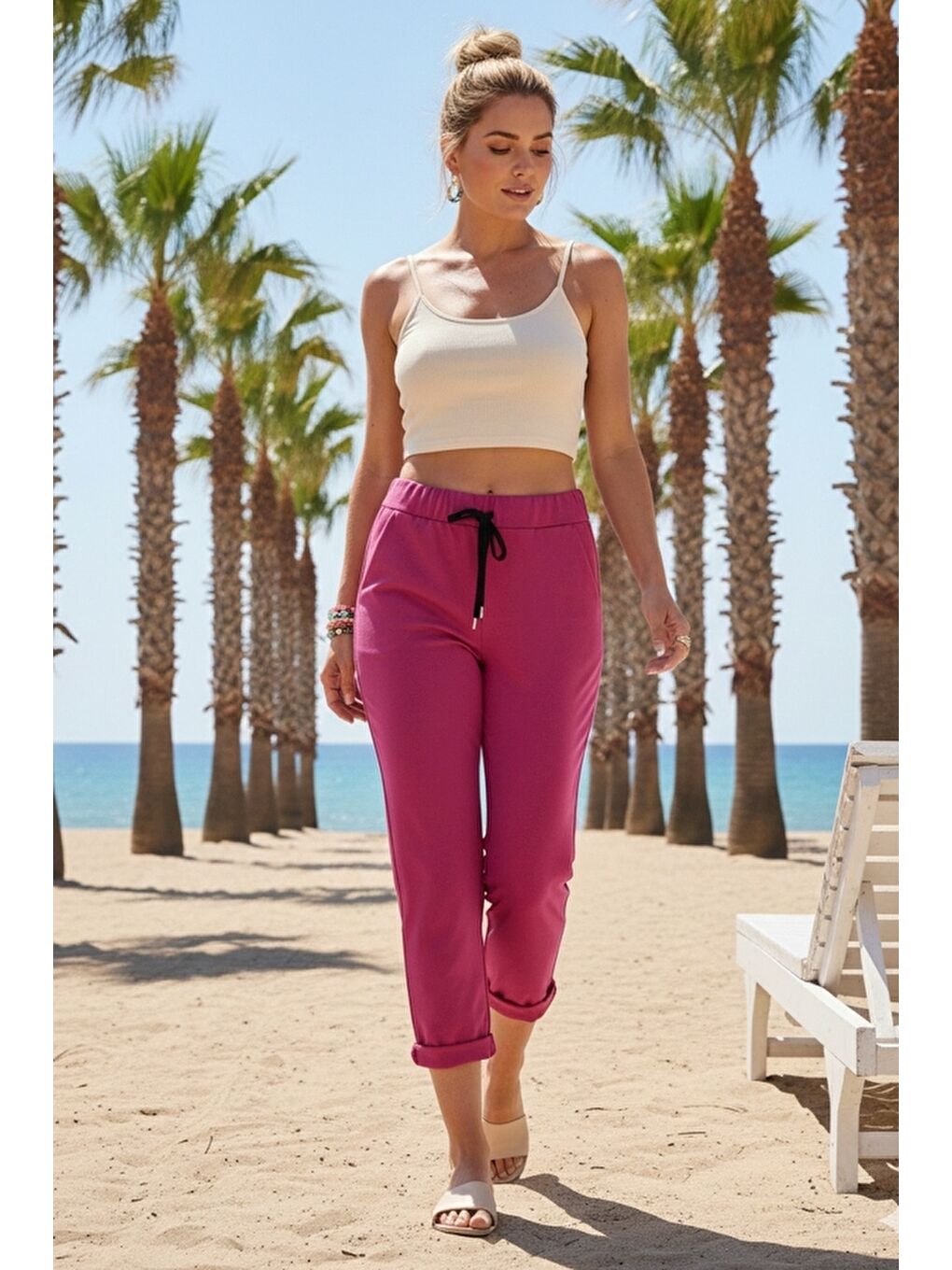 Fuşya Cepli Yıkamalı Lastikli Ve Bağlamalı Bel Dar Paça Casual Dokuma Pantolon 99 60-2