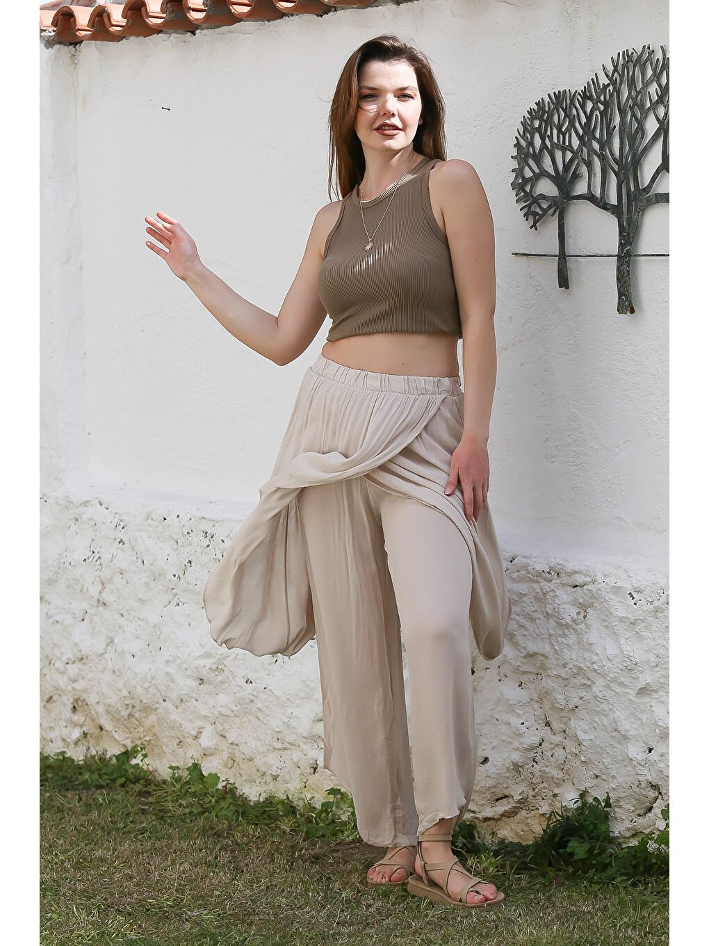 Bej İnce Çift Katlı Lastikli Bel Geniş Paça Casual Dokuma Pantolon 100 60-1