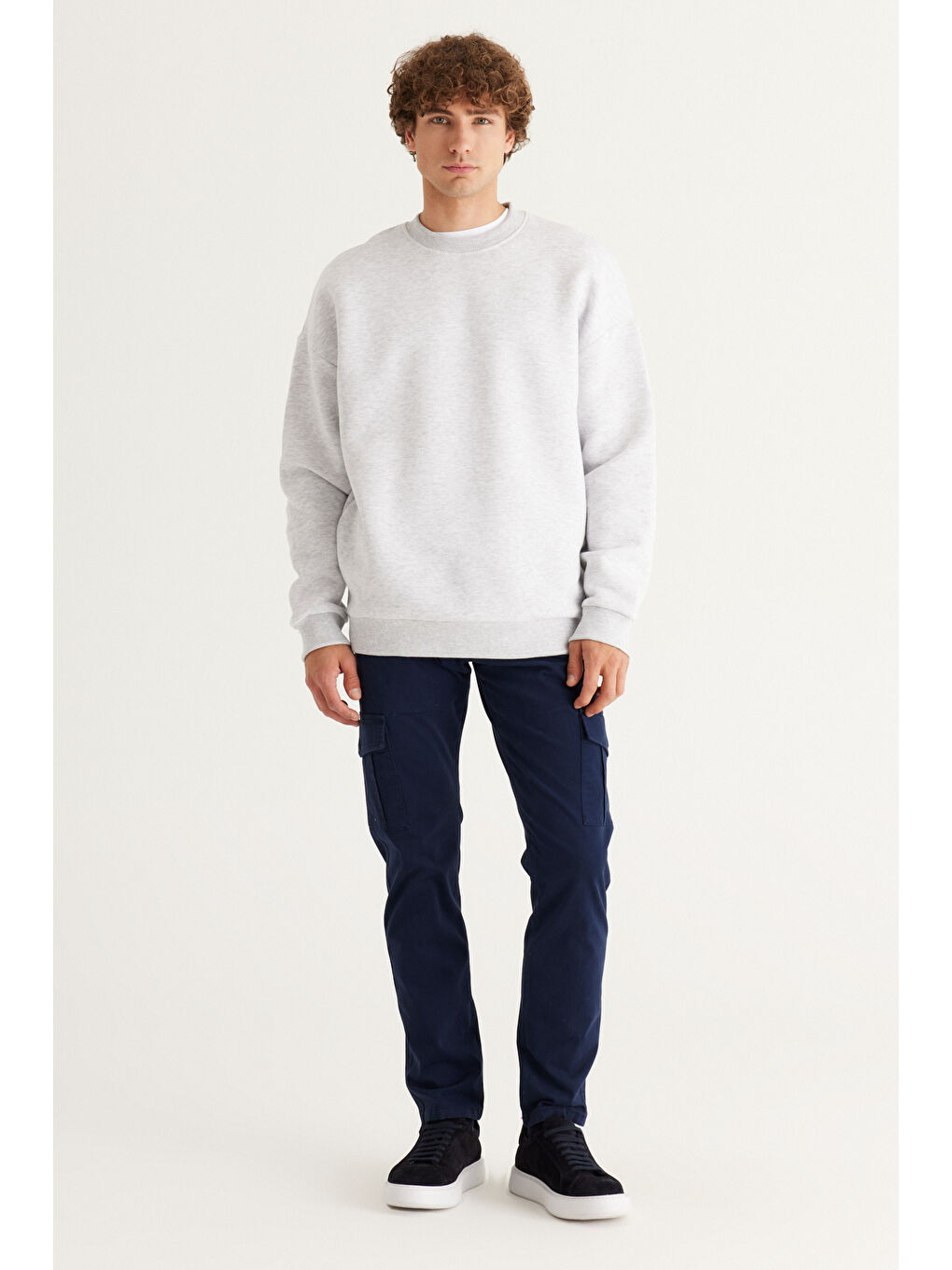 Beyaz Erkek Kar Melanj Oversize Fit Bol Kesim Pamuklu İçi Polarlı Bisiklet Yaka Sweatshirt-3