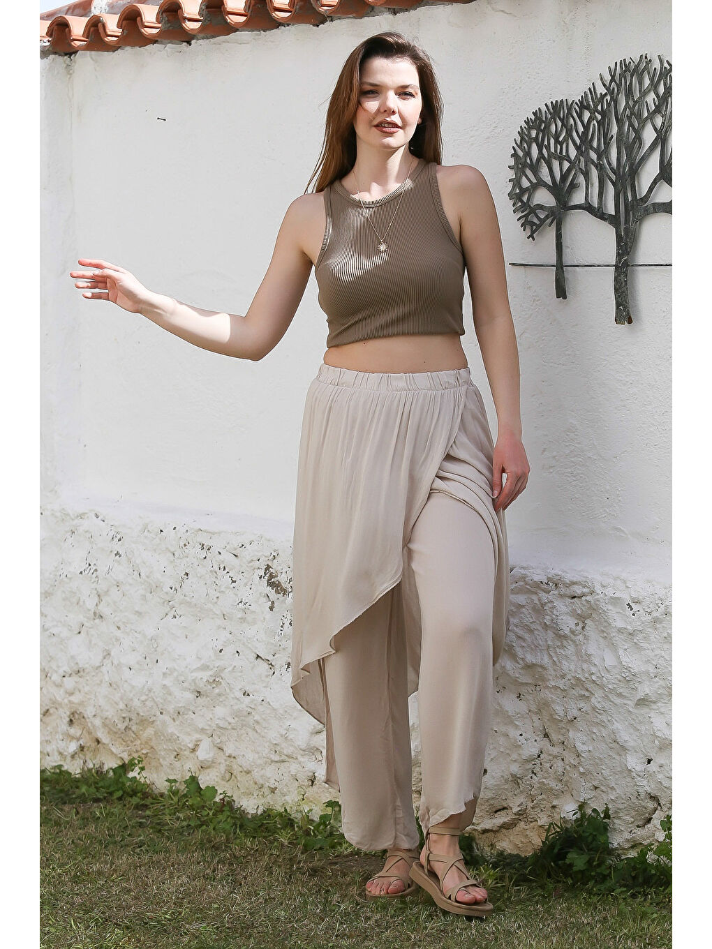 Bej İnce Çift Katlı Lastikli Bel Geniş Paça Casual Dokuma Pantolon 100 60-2