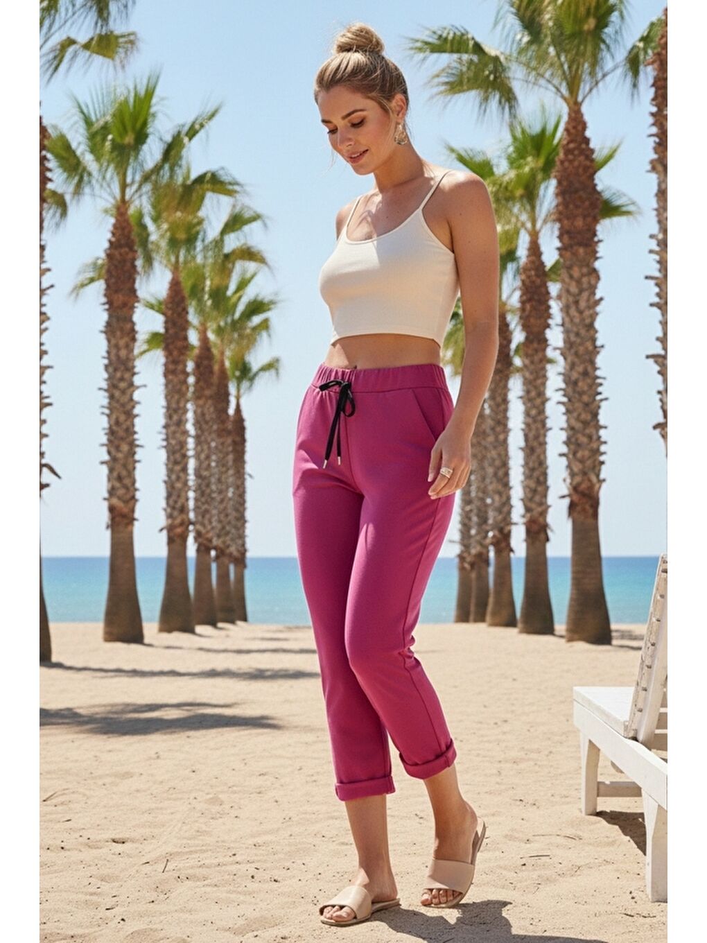 Fuşya Cepli Yıkamalı Lastikli Ve Bağlamalı Bel Dar Paça Casual Dokuma Pantolon 99 60-3