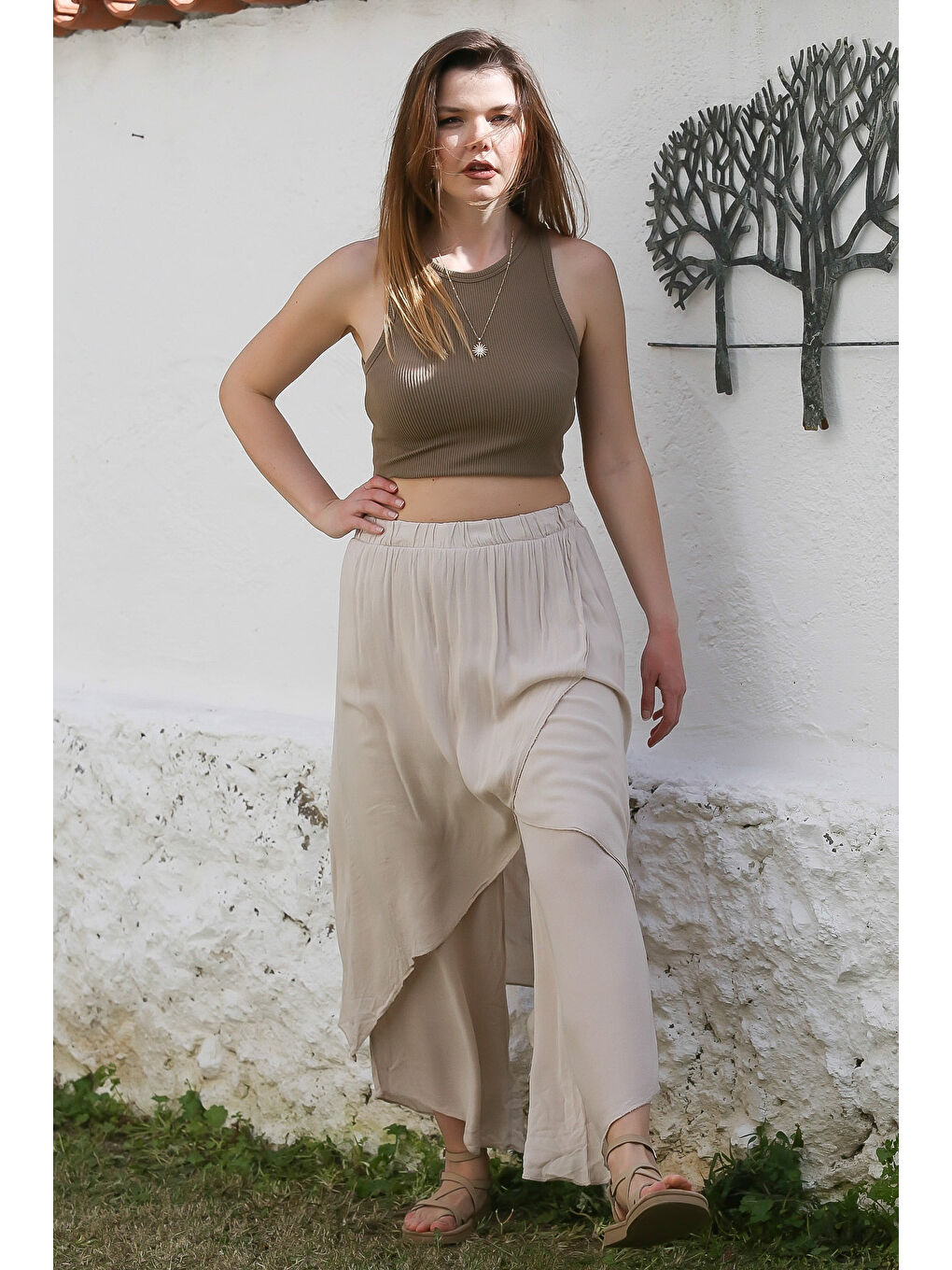 Bej İnce Çift Katlı Lastikli Bel Geniş Paça Casual Dokuma Pantolon 100 60-3