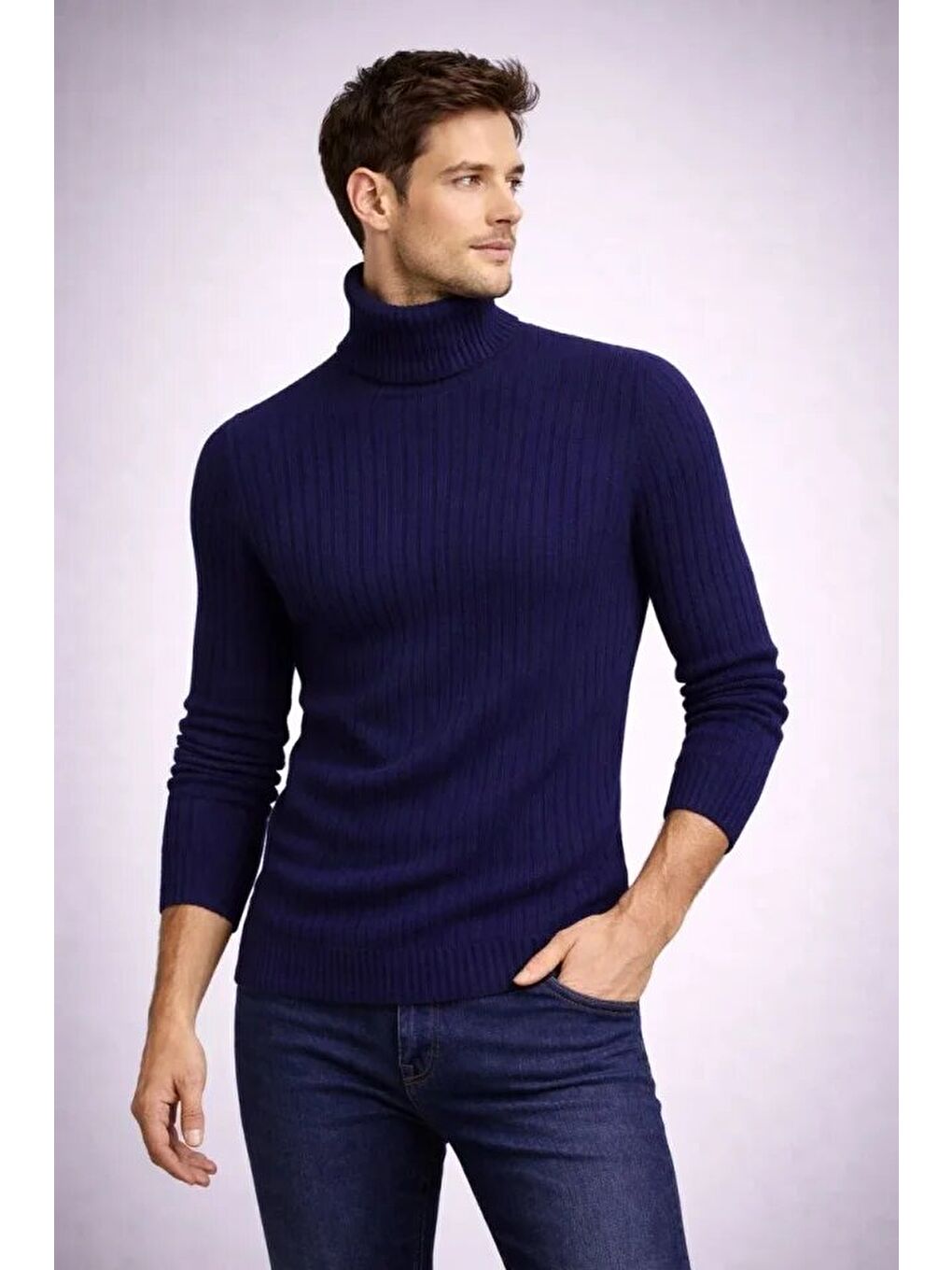 Lacivert Erkek Balıkcı Yaka Bağazlı Triko Kazak Pamuklu Kalın Fitilli Dokuma, Regular Fit Uzun Kollu Kışlık M-3