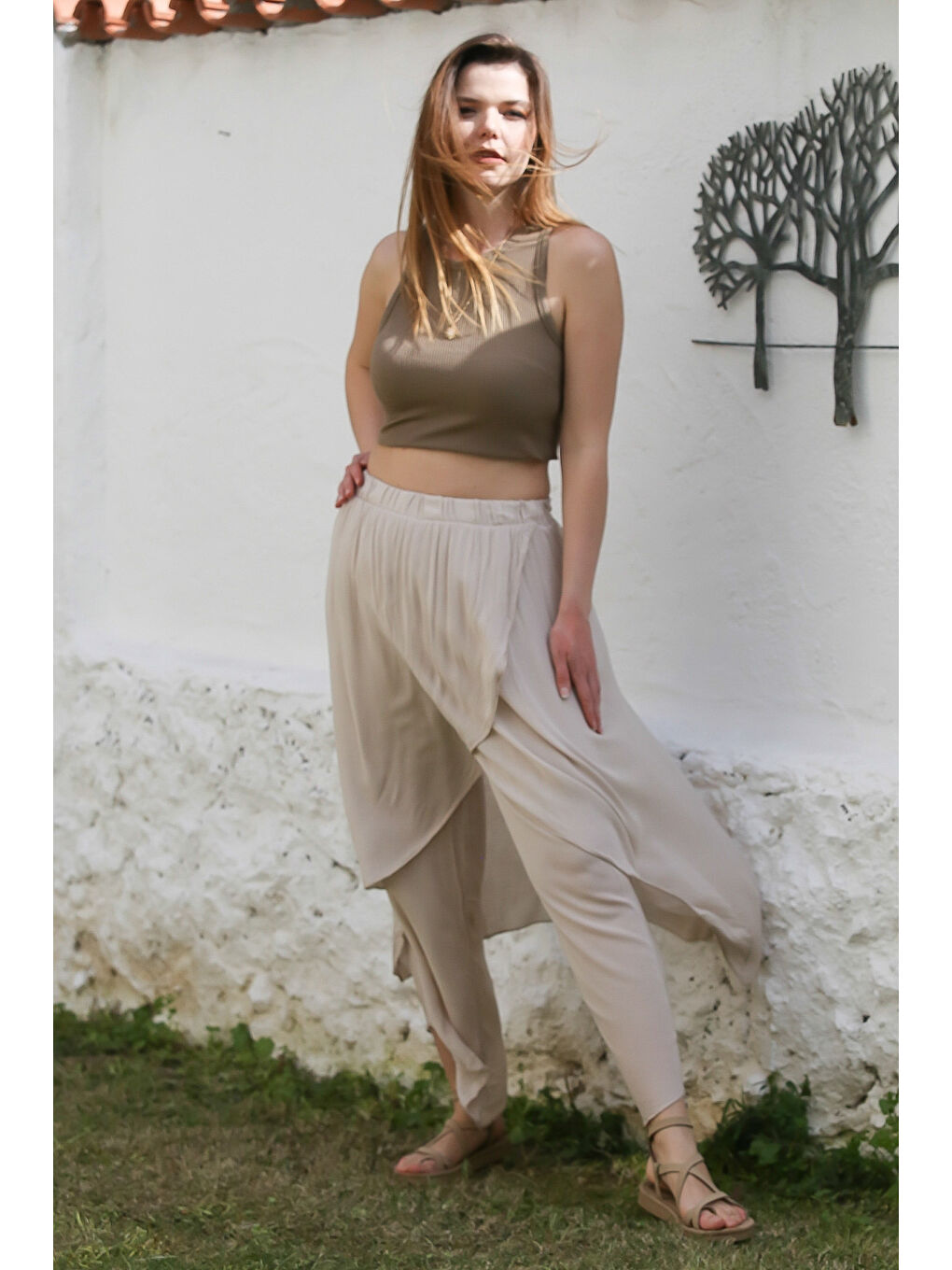 Bej İnce Çift Katlı Lastikli Bel Geniş Paça Casual Dokuma Pantolon 100 60-5
