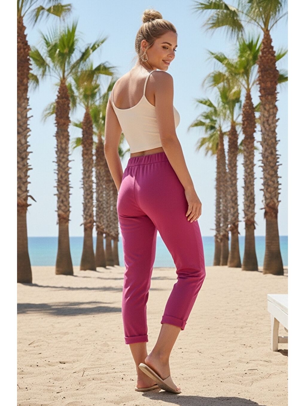 Fuşya Cepli Yıkamalı Lastikli Ve Bağlamalı Bel Dar Paça Casual Dokuma Pantolon 99 60-4
