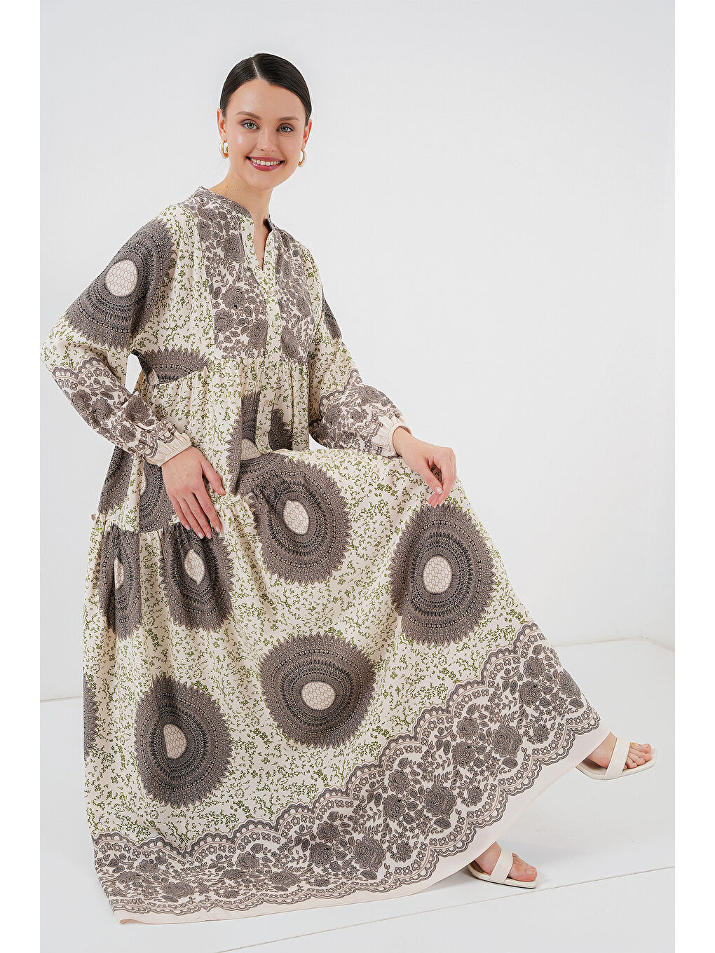 Kahverengi 2423 Otantik Desenli Tesettür Elbise - F.KAHVE-1