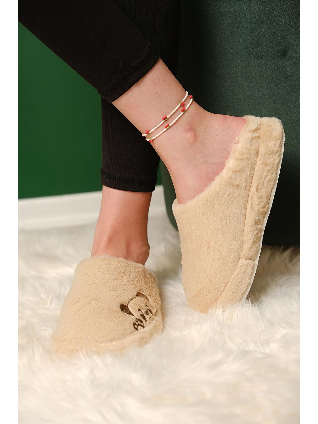 Kahverengi Panda Nakışlı Kadın Ev Terliği Pelüş Terlik Çeyiz ve Bohça Terliği Ses Yapmaz Kalın Taban