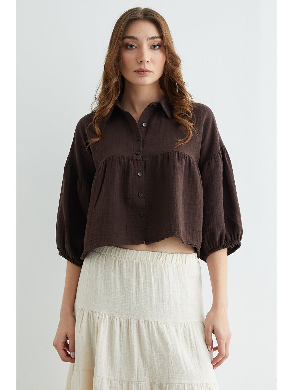 Kahverengi Balon Kol Salaş Müslin Kumaş Gömlek-2