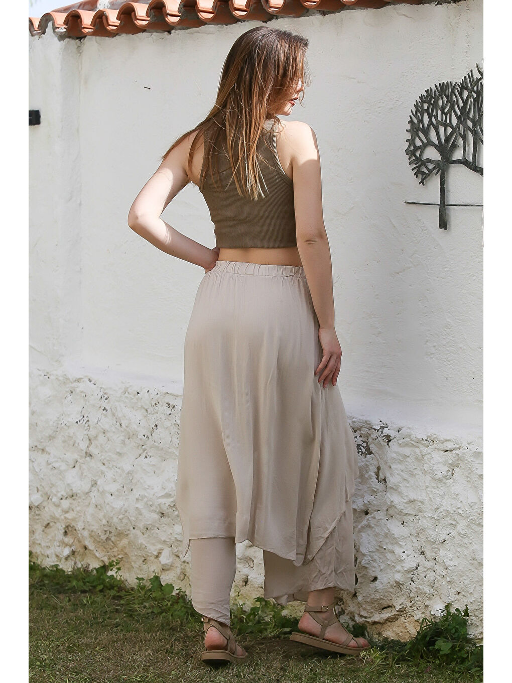 Bej İnce Çift Katlı Lastikli Bel Geniş Paça Casual Dokuma Pantolon 100 60-7