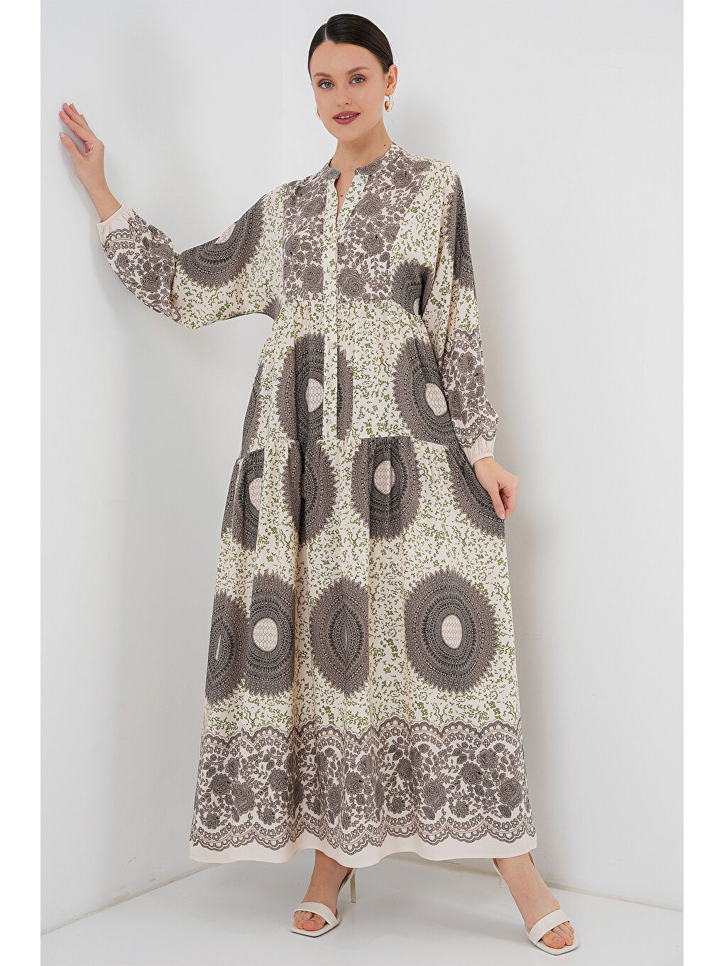 Kahverengi 2423 Otantik Desenli Tesettür Elbise - F.KAHVE-2