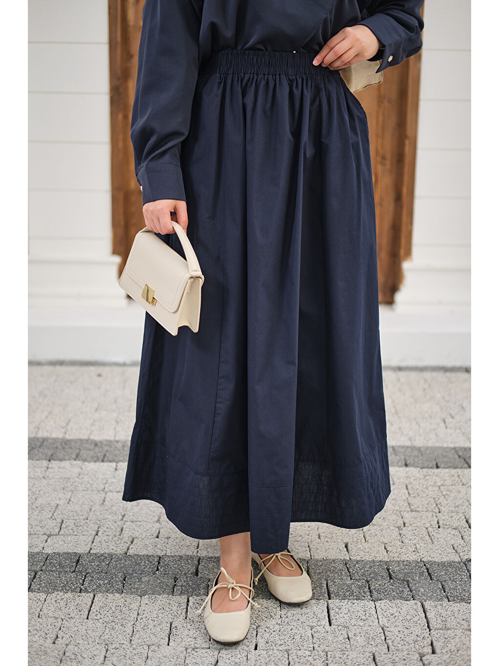 Kadın Beli Lastikli Kırışık Etek Lacivert-4