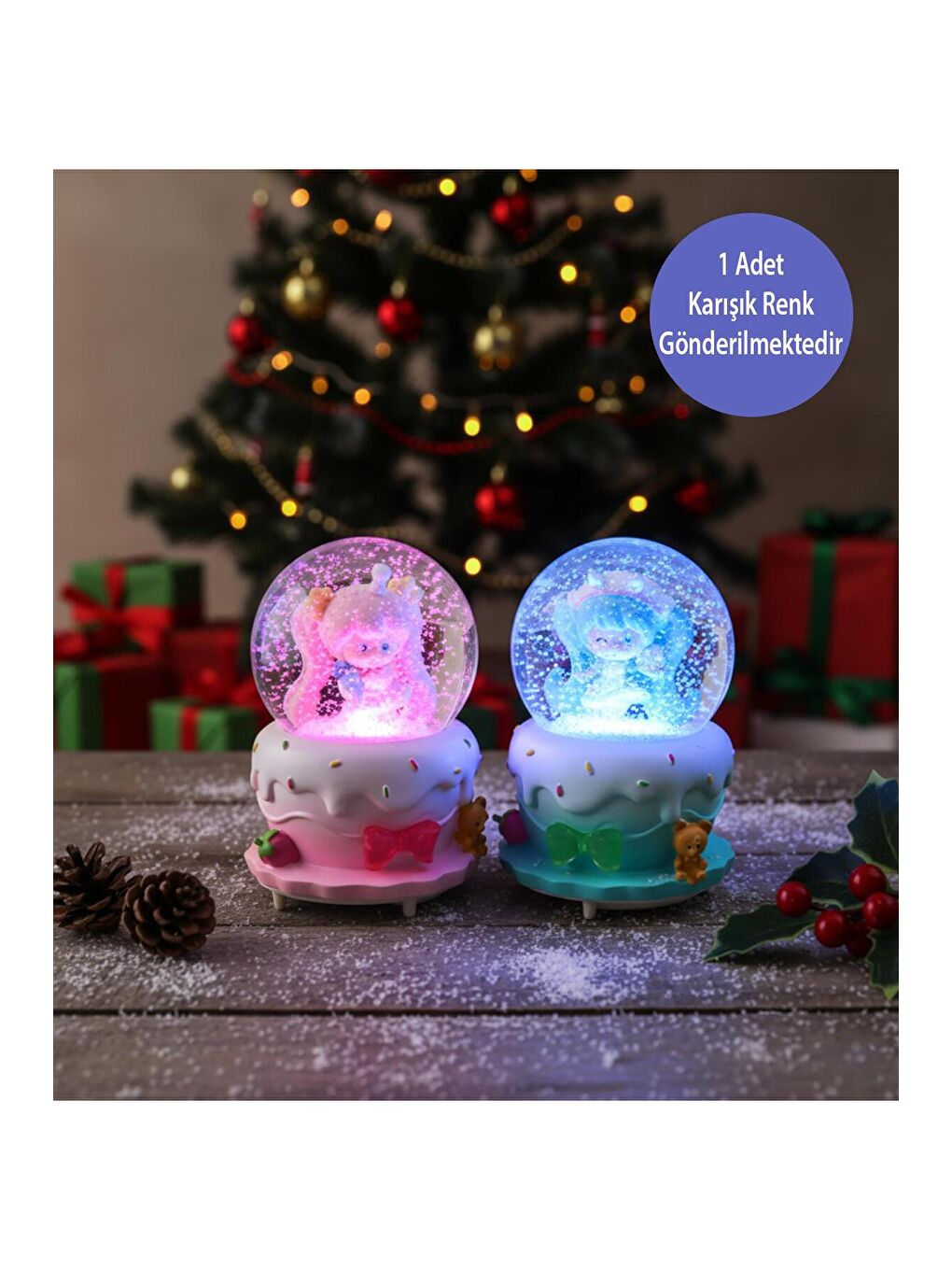 Karışık Büyük Boy Işıklı Müzikli Kız Figürlü Pasta Kar Küresi-1