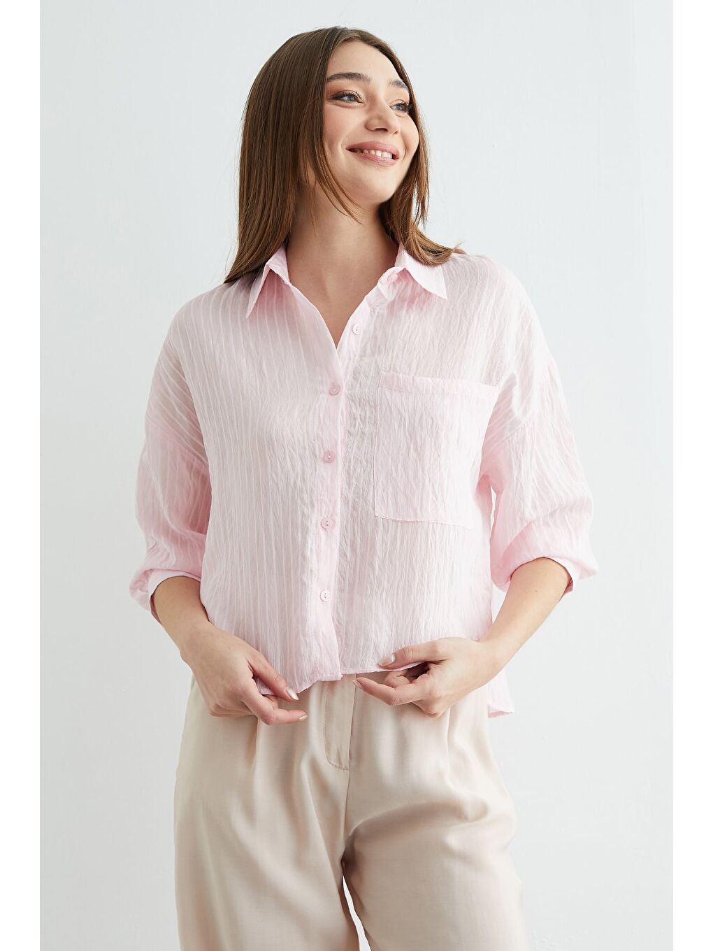 Pembe Çizgili Jakarlı Tek Cepli Gömlek-2