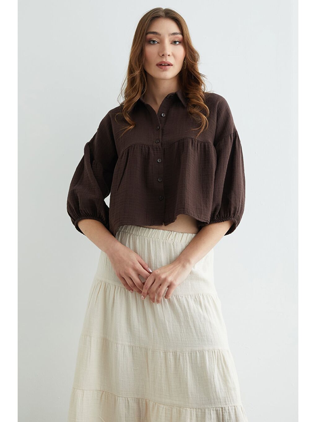 Kahverengi Balon Kol Salaş Müslin Kumaş Gömlek-3