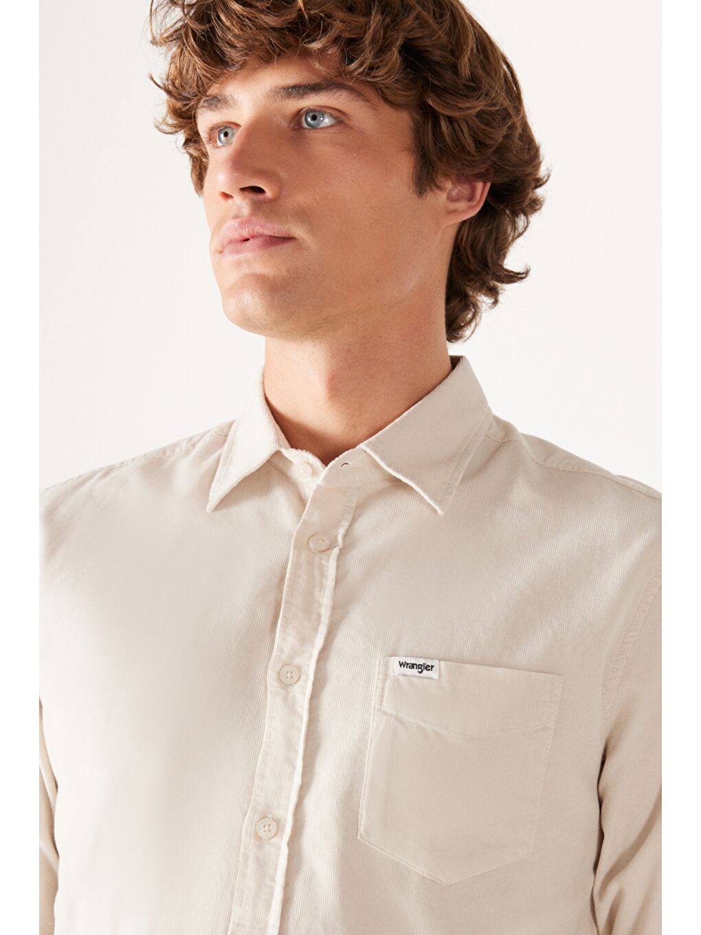 Bej Regular Fit %100 Pamuk Kadife Kırık Beyaz Uzun Kollu Gömlek-3