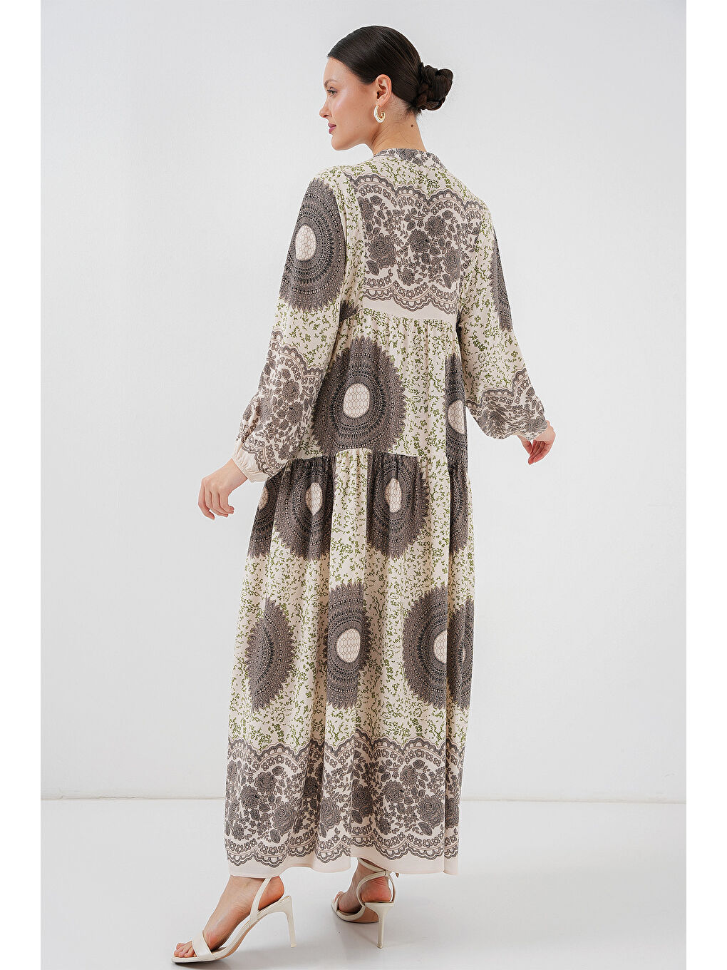 Kahverengi 2423 Otantik Desenli Tesettür Elbise - F.KAHVE-4