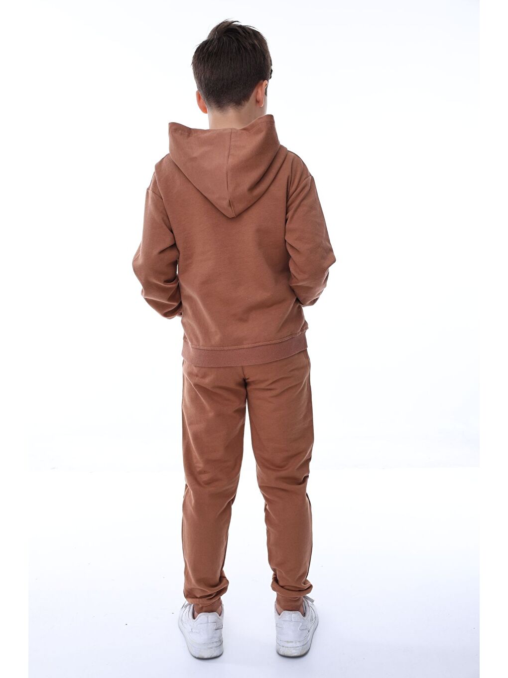 Kahverengi Basic Kapüşonlu 2 İplik Şardonlu Kanguru Cepli Çocuk Eşofman Takımı 3-10 Yaş Haki-2