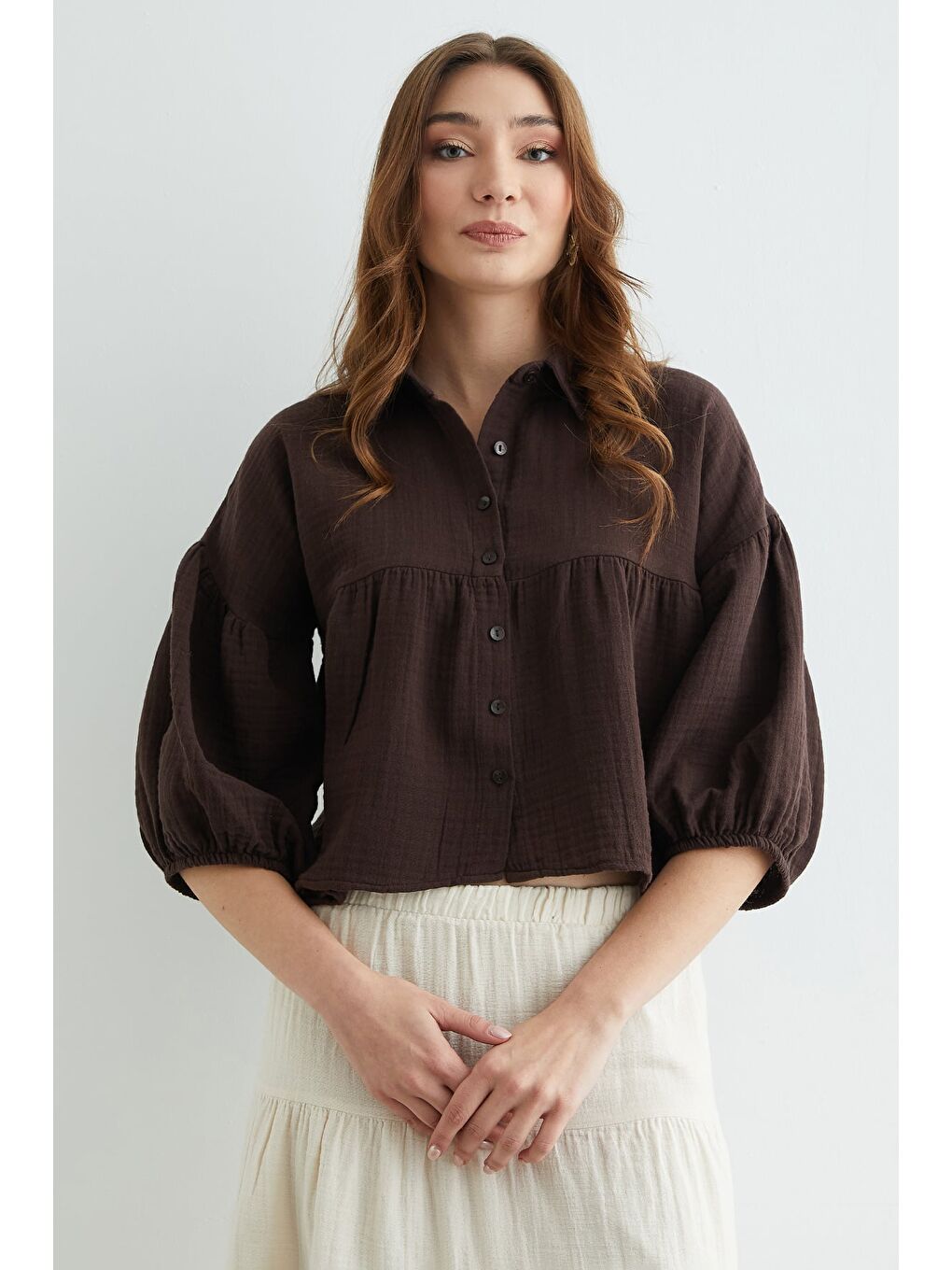 Kahverengi Balon Kol Salaş Müslin Kumaş Gömlek-4