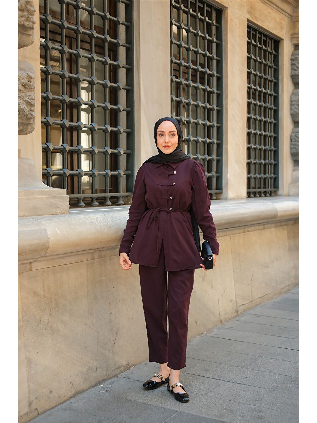 Kadın Düğme Detay Takım Mürdüm