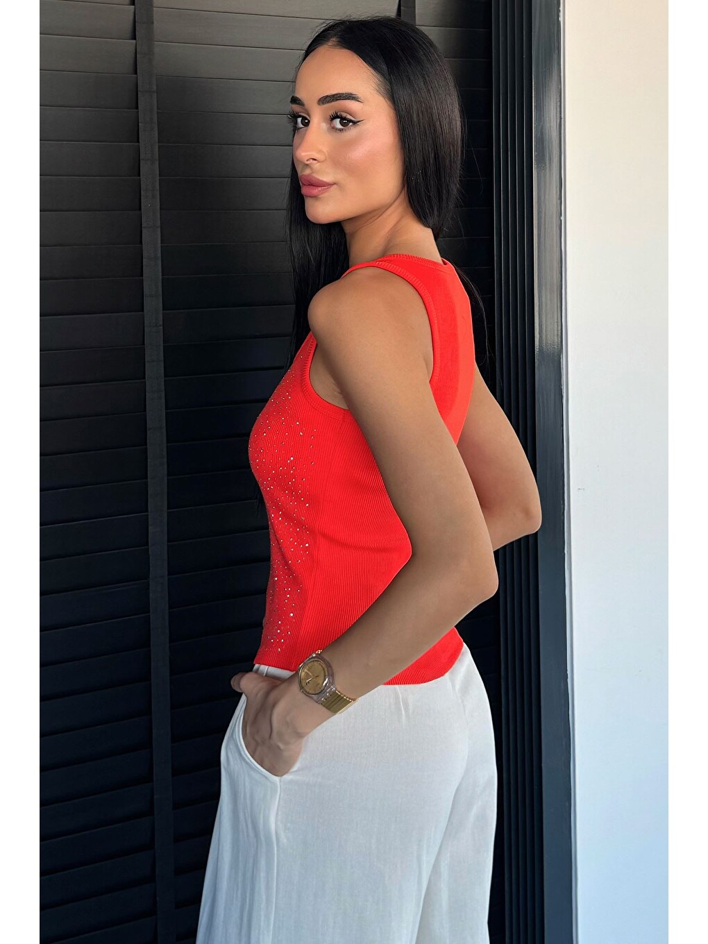 Kırmızı Ön Taşlı Kaşkorse Bluz-3