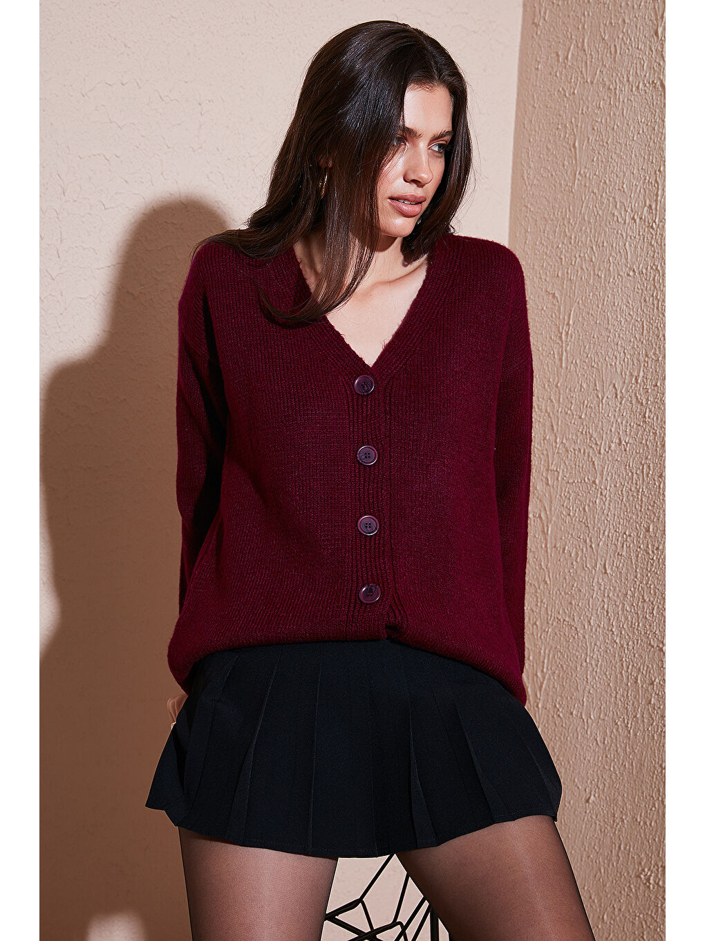 Bordo Regular Fit V Yaka Düğmeli Triko Hırka 4616229