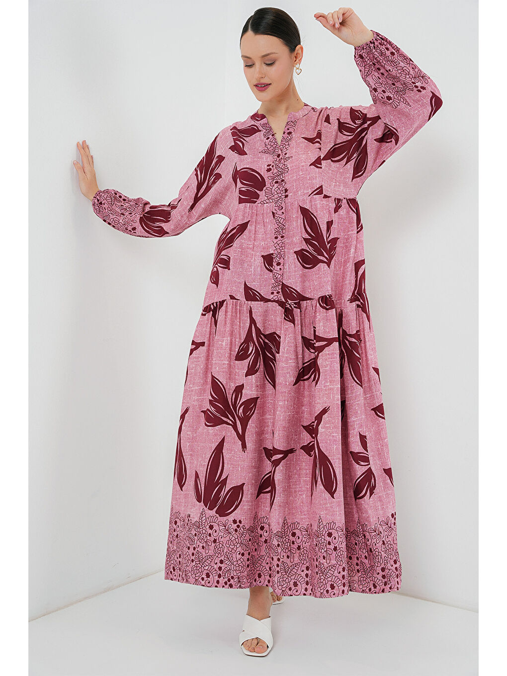 Kırmızı 2423 Otantik Desenli Tesettür Elbise - Y.Gül Kurusu