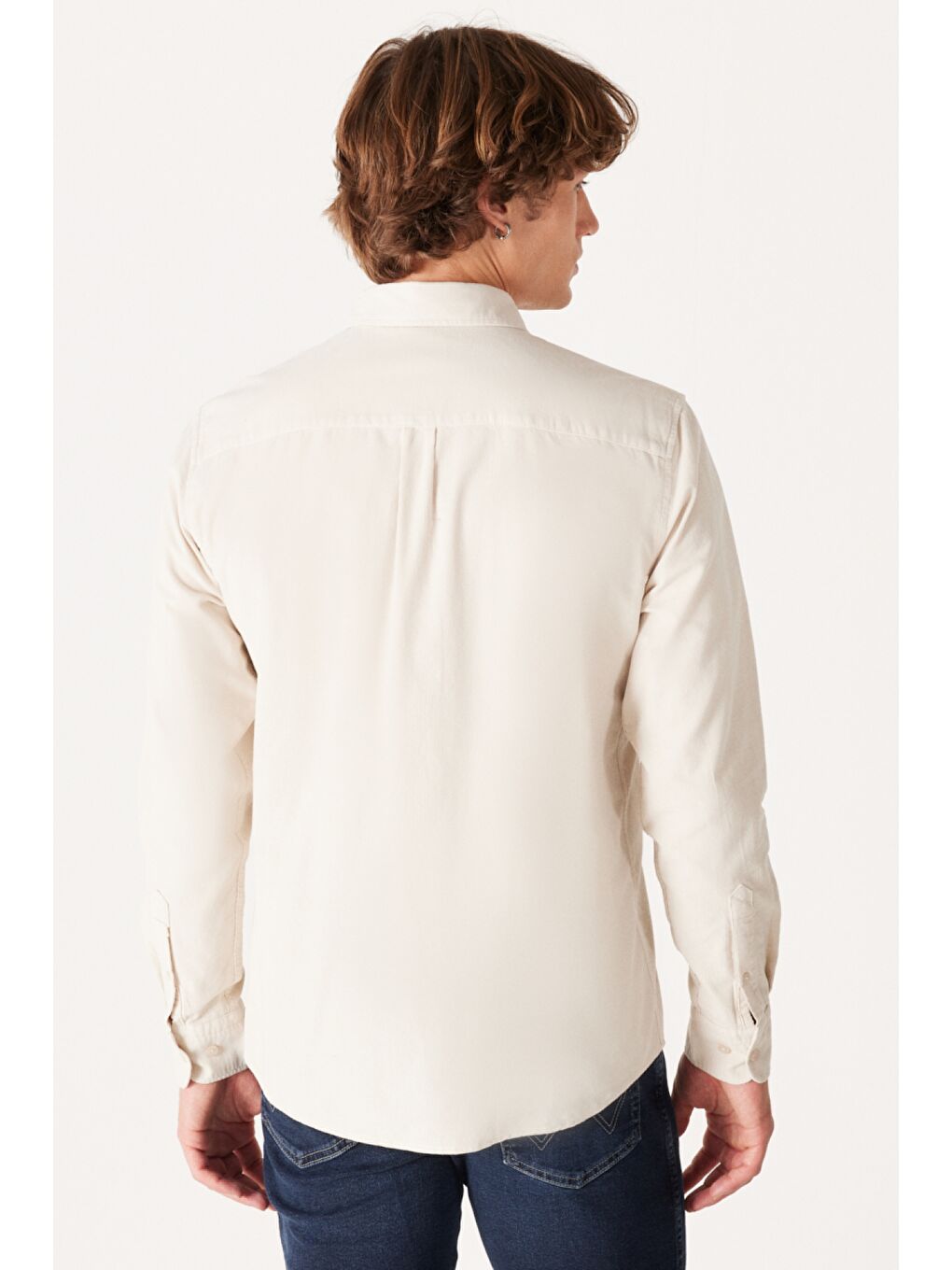 Bej Regular Fit %100 Pamuk Kadife Kırık Beyaz Uzun Kollu Gömlek-5