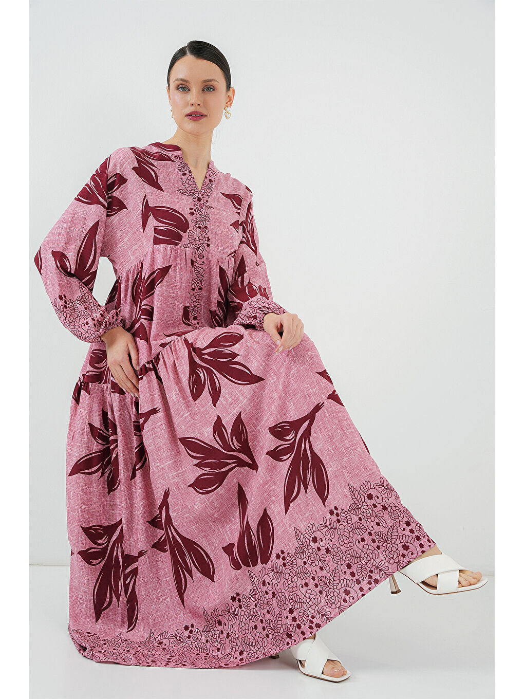 Kırmızı 2423 Otantik Desenli Tesettür Elbise - Y.Gül Kurusu-1