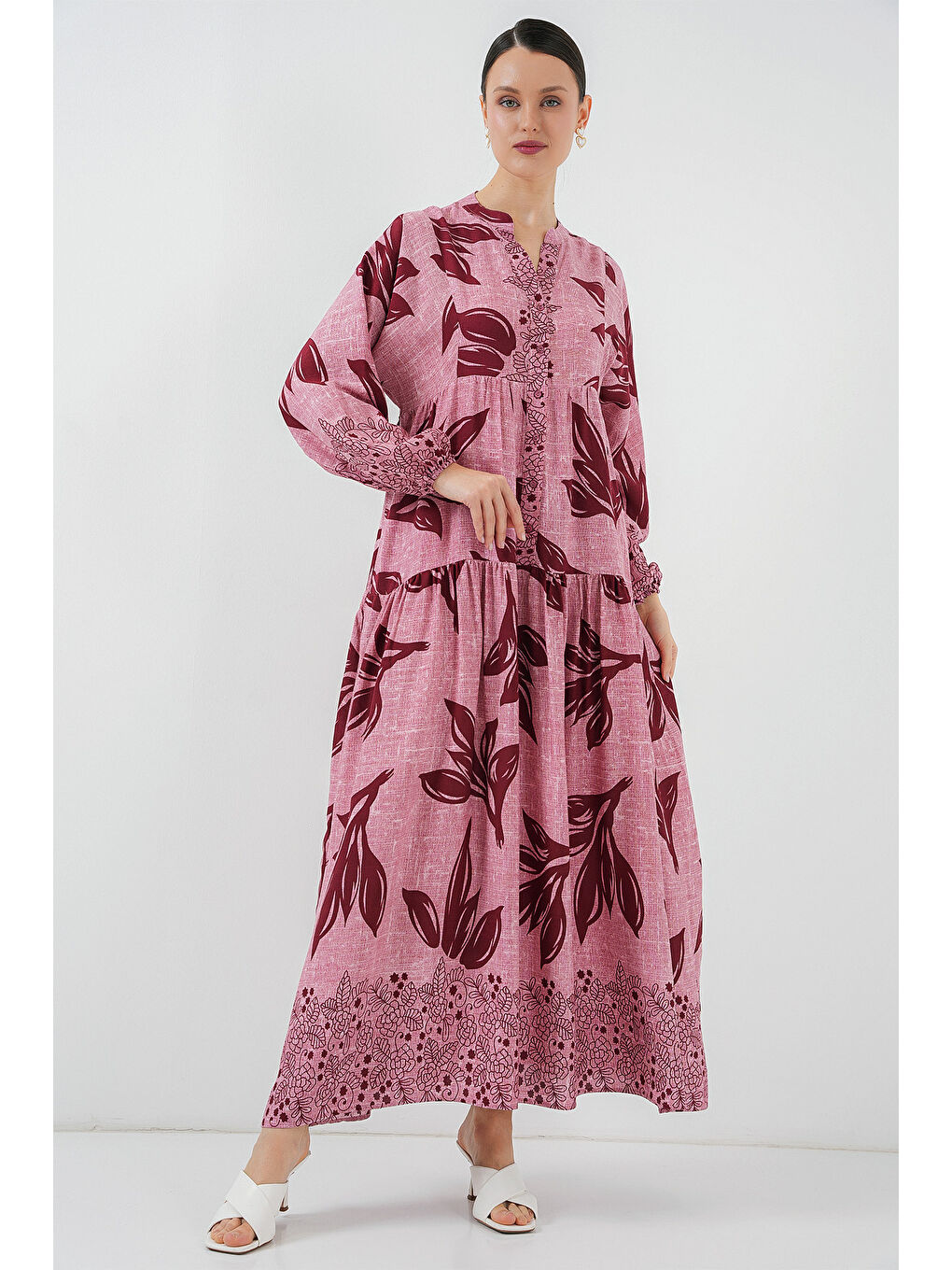 Kırmızı 2423 Otantik Desenli Tesettür Elbise - Y.Gül Kurusu-2