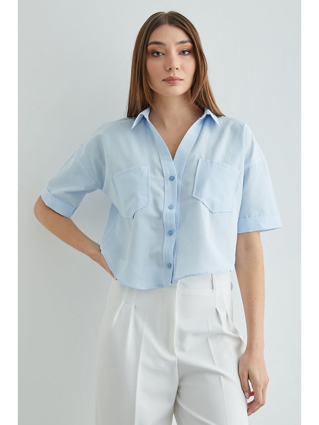 Mavi Çift Cepli Oversize Crop Gömlek