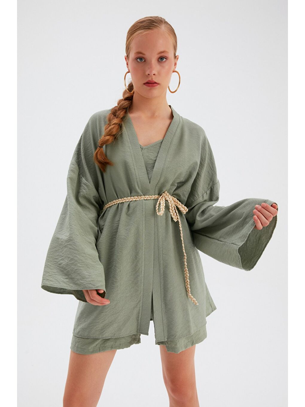 Kuşak Detaylı Salaş Kimono - Yeşil-1