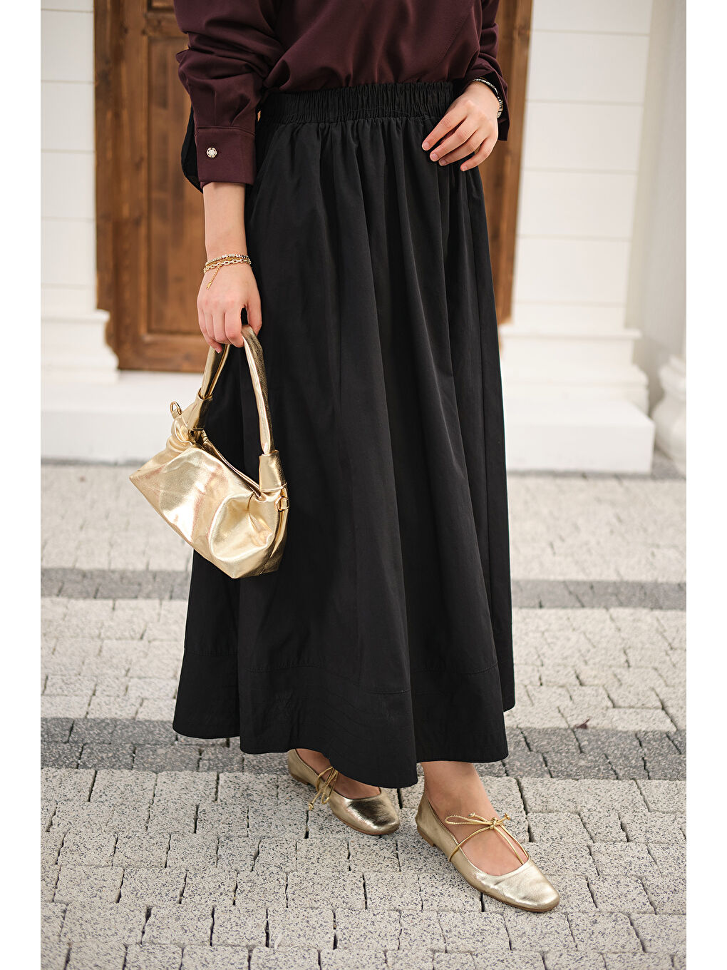 Kadın Beli Lastikli Kırışık Etek Siyah-1