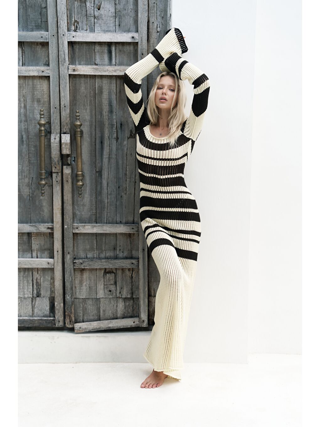 Wora Çizgili Triko Sarı Uzun Elbise