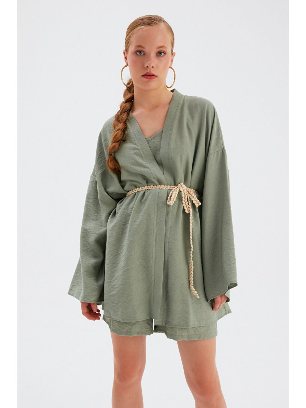 Kuşak Detaylı Salaş Kimono - Yeşil-2