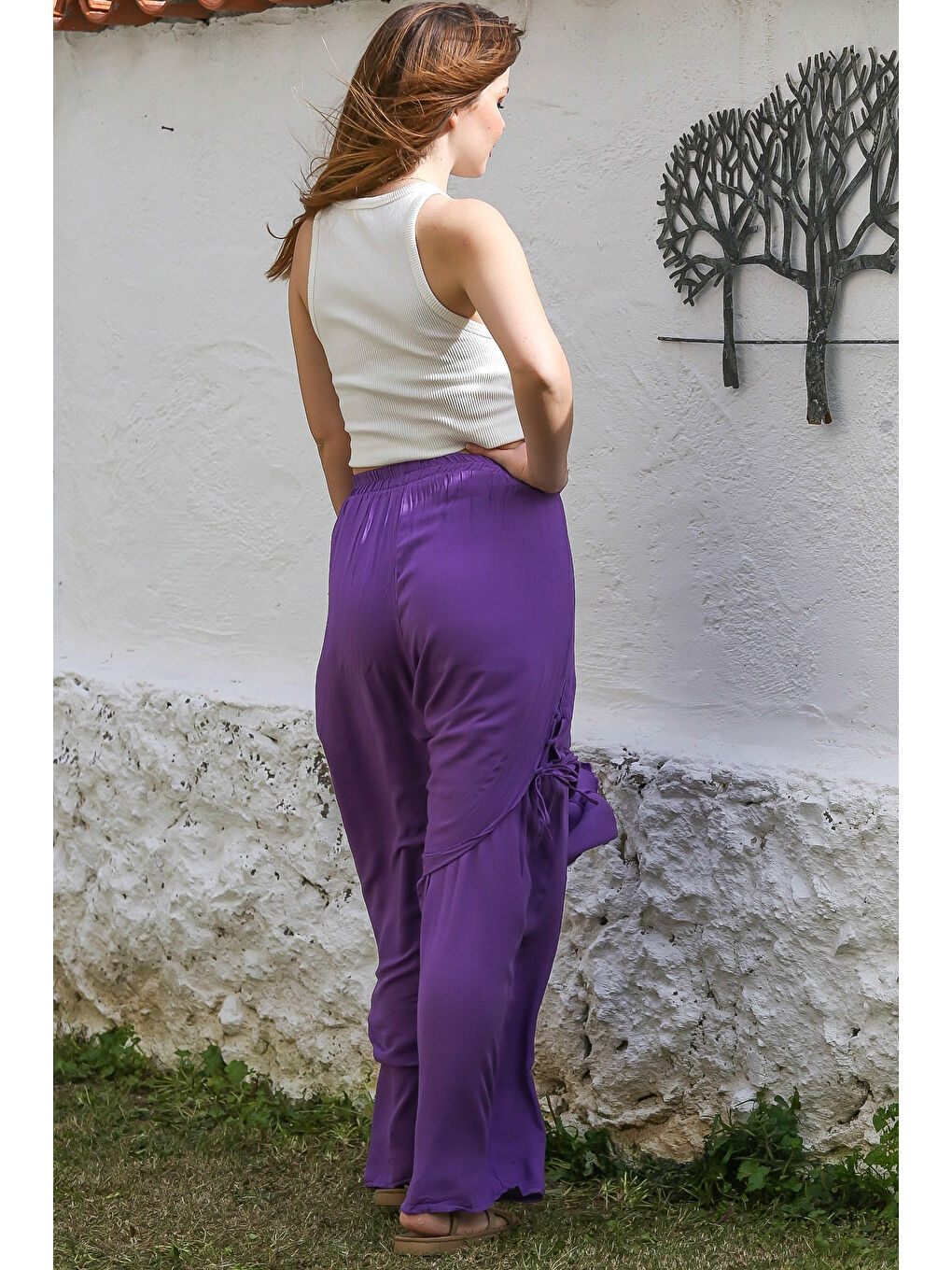Mor İnce Astarlı Yanları Bağlamalı Lastikli Ve Bağlamalı Bel Geniş Paça Dokuma Pantolon 110 58-5