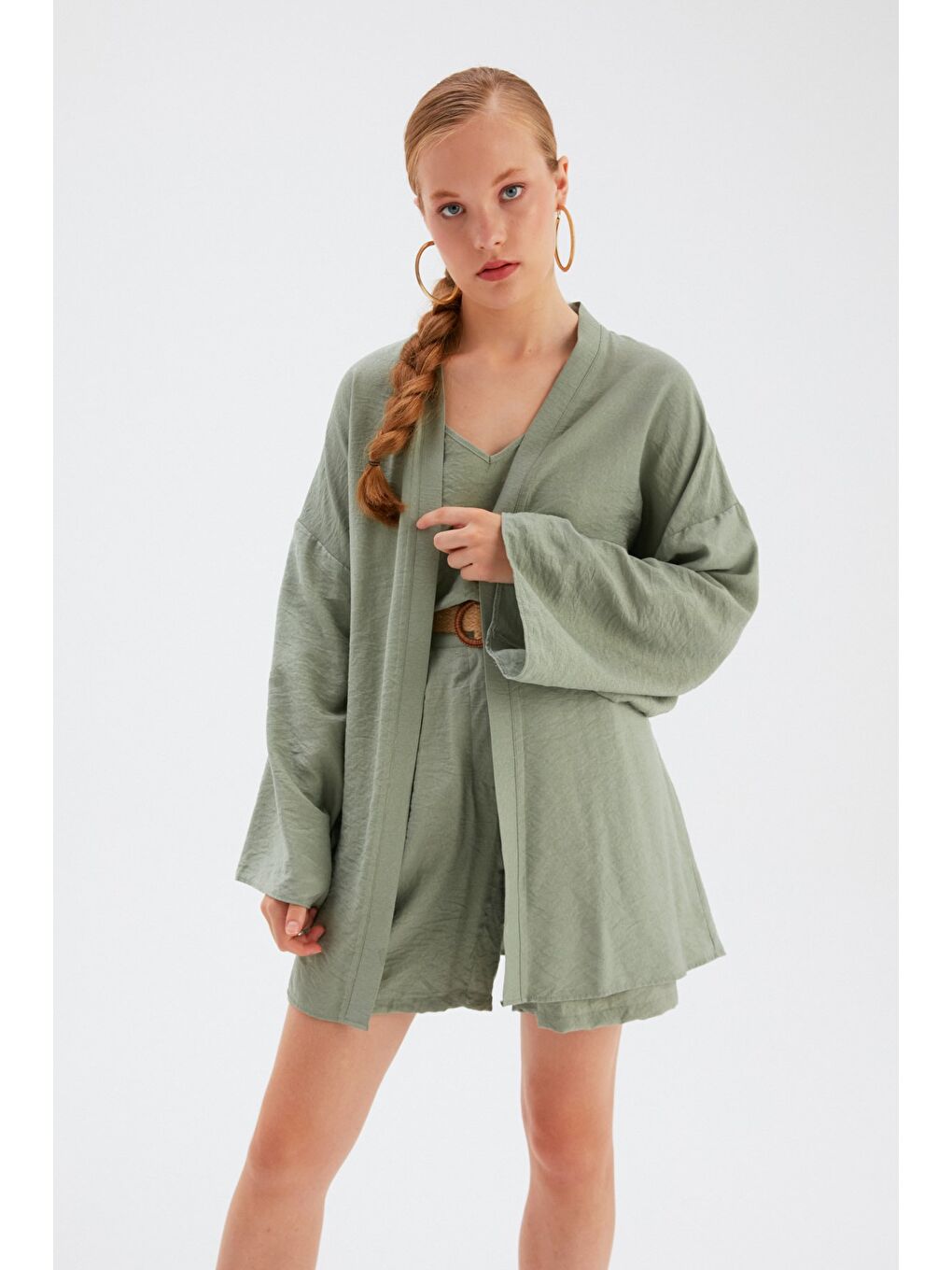 Kuşak Detaylı Salaş Kimono - Yeşil-3