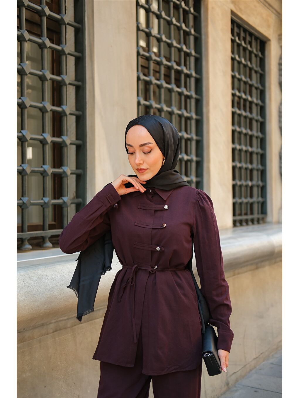 Kadın Düğme Detay Takım Mürdüm-1