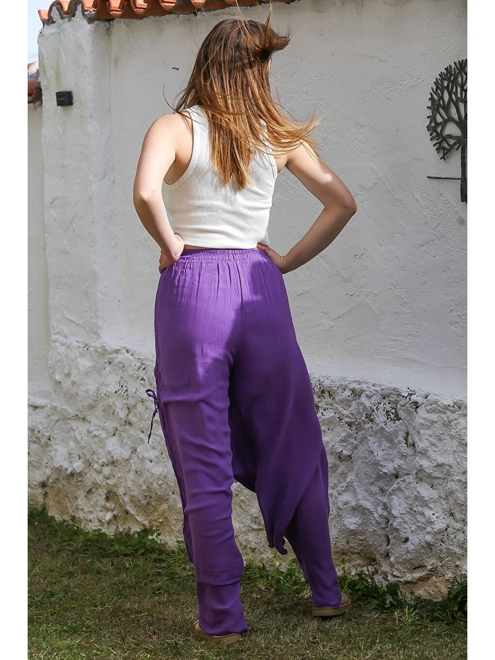 Mor İnce Astarlı Yanları Bağlamalı Lastikli Ve Bağlamalı Bel Geniş Paça Dokuma Pantolon 110 58-6