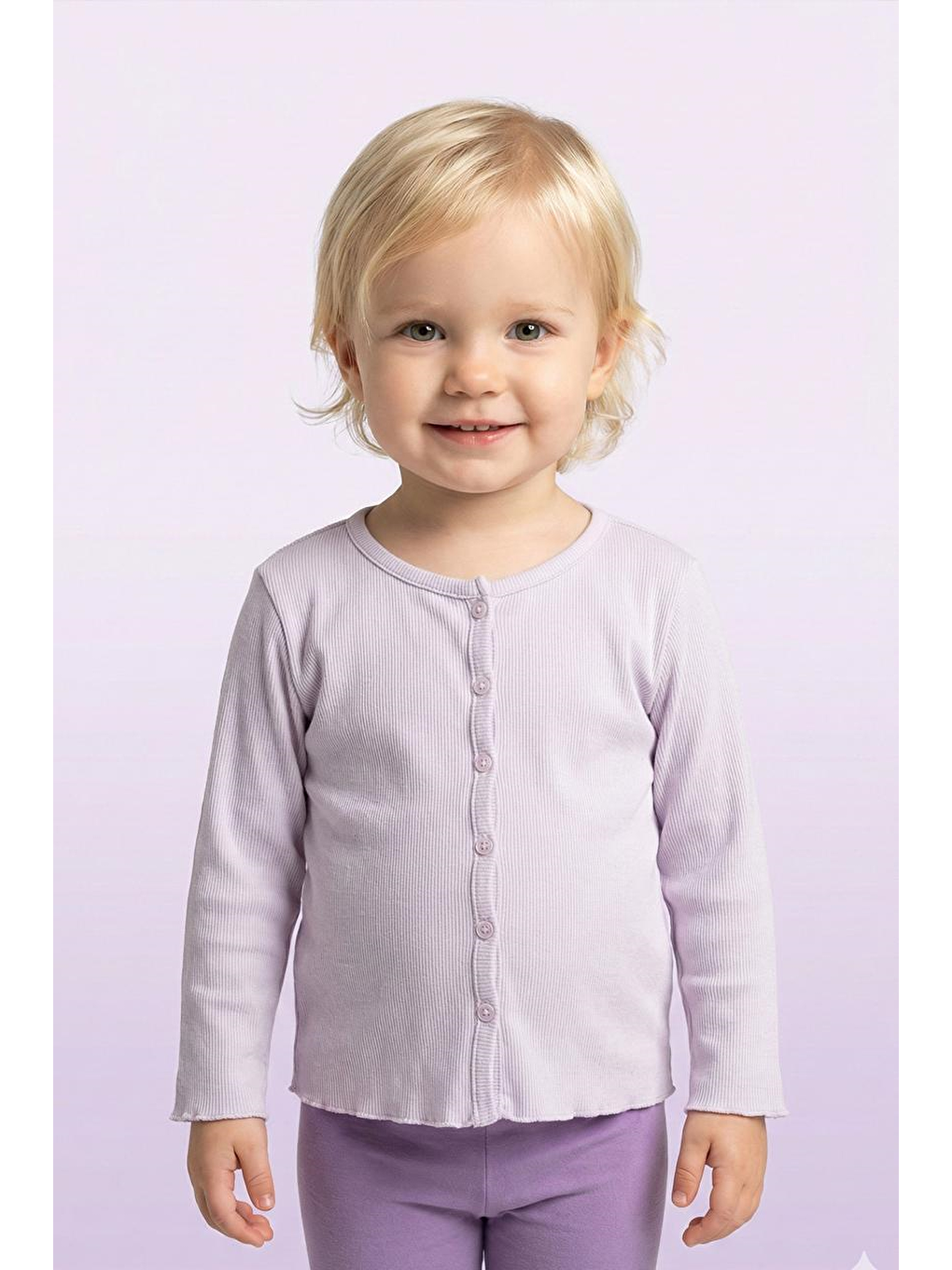 Lila Kız Çocuk Fitilli %100 Pamuklu Düğmeli Hırka