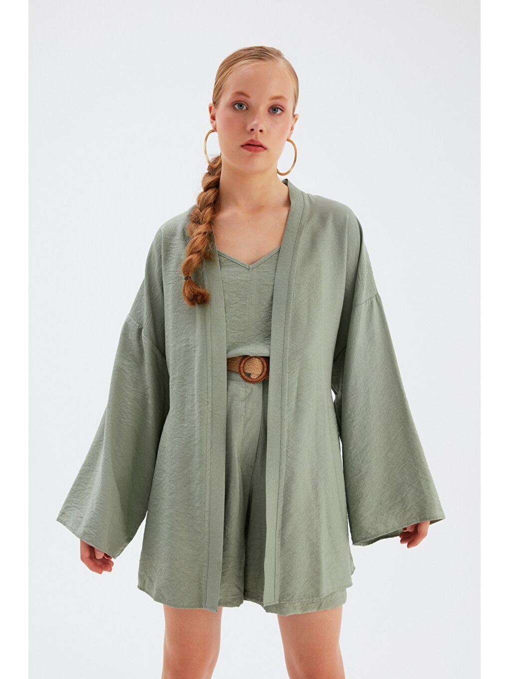 Kuşak Detaylı Salaş Kimono - Yeşil-4