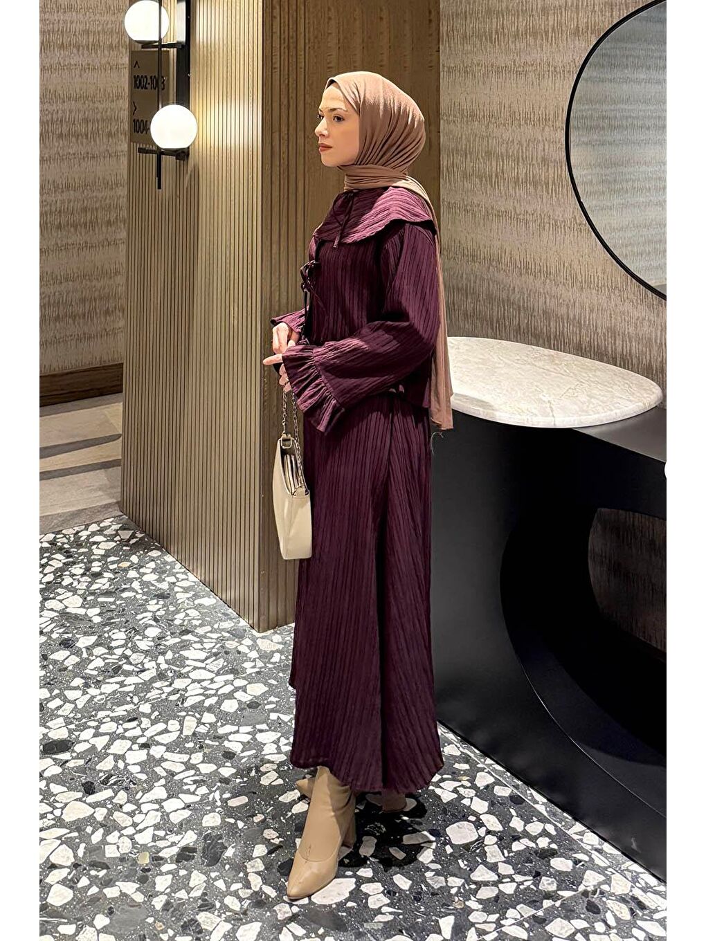 Geniş Yakalı Etekli Takım Mürdüm-1