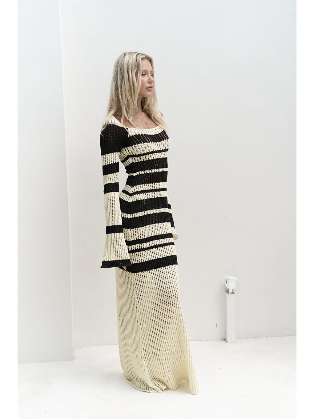 Wora Çizgili Triko Sarı Uzun Elbise-2