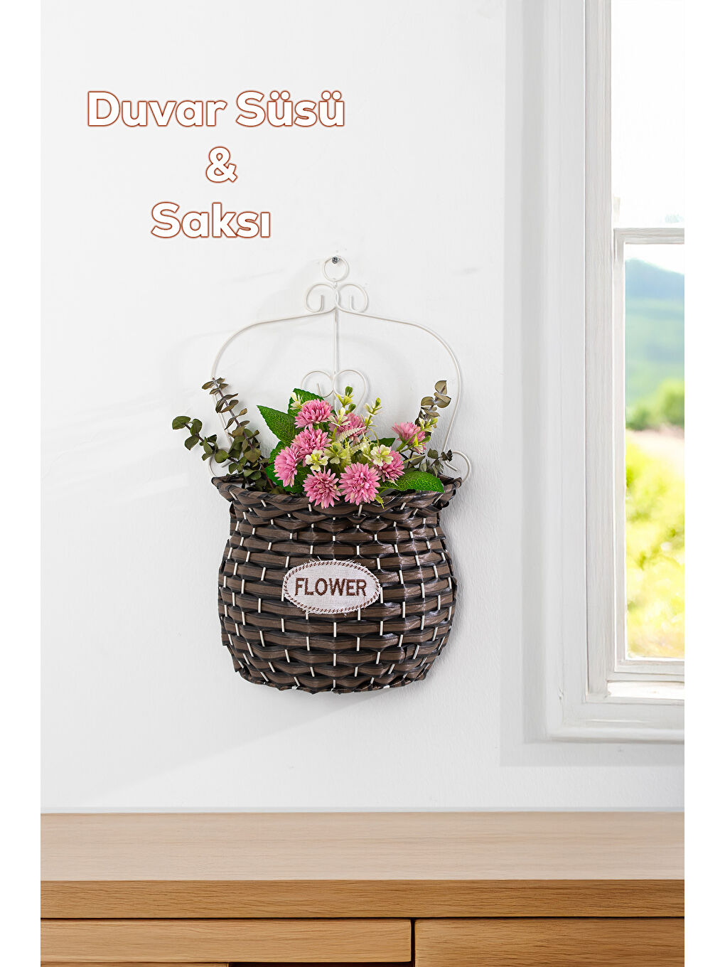 Kahverengi 2066-1 Kahve Dekoratif Çok Amaçlı Saksılık Hasır Modelli Saksı Çiçeklik 24x40cm