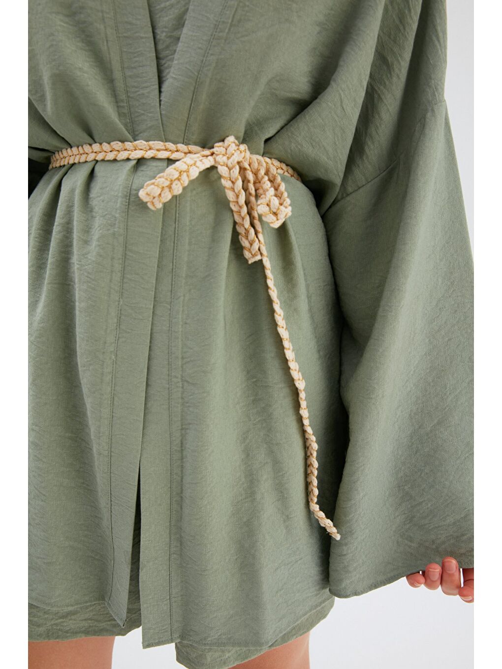 Kuşak Detaylı Salaş Kimono - Yeşil-5