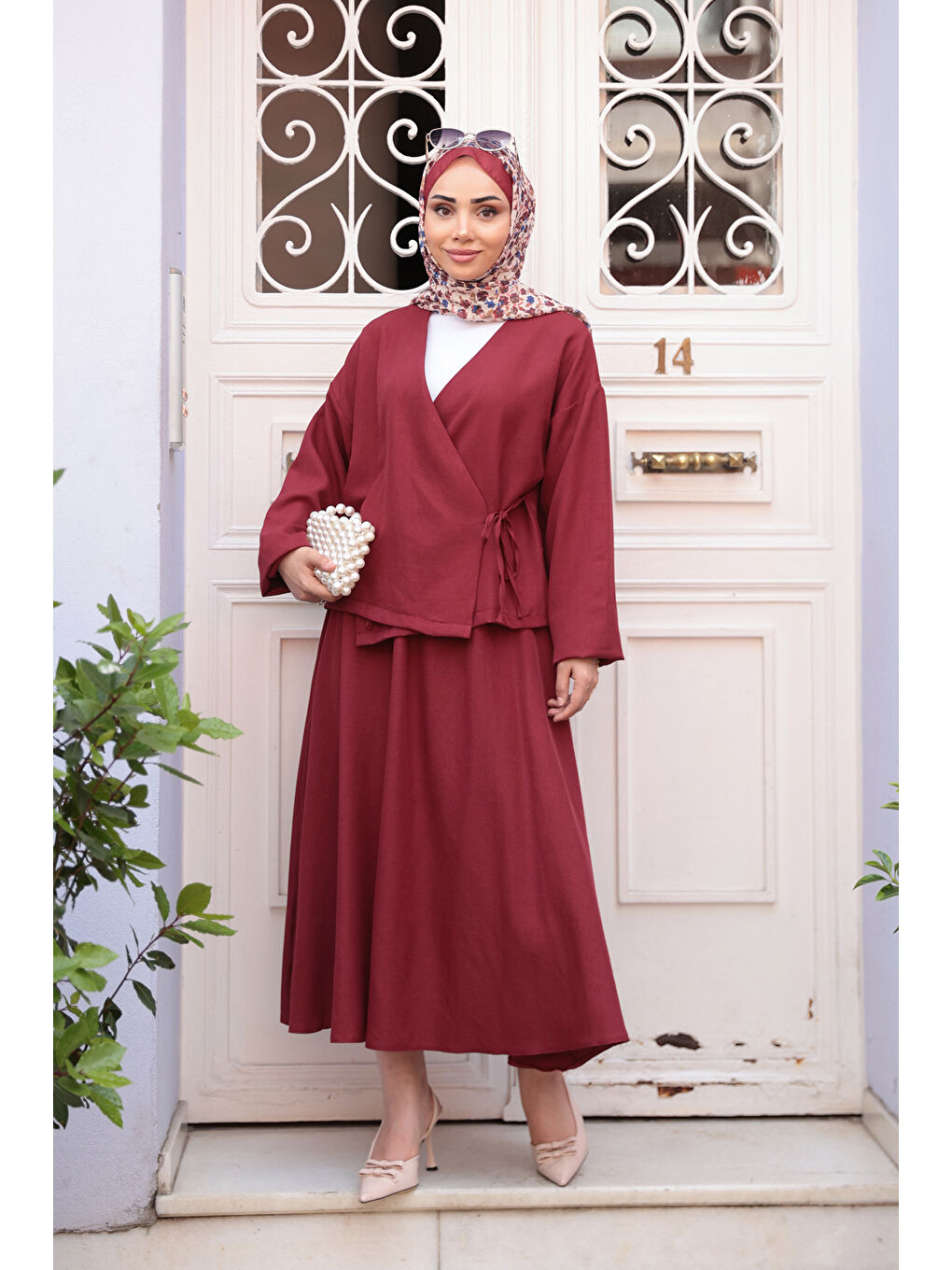 Kadın Yandan Bağlamalı Etekli Takım Bordo-1